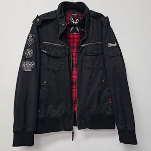 Marc Ecko Cut & Sew Rare Black Red Plaid Lined Military Style Bomber Jacket